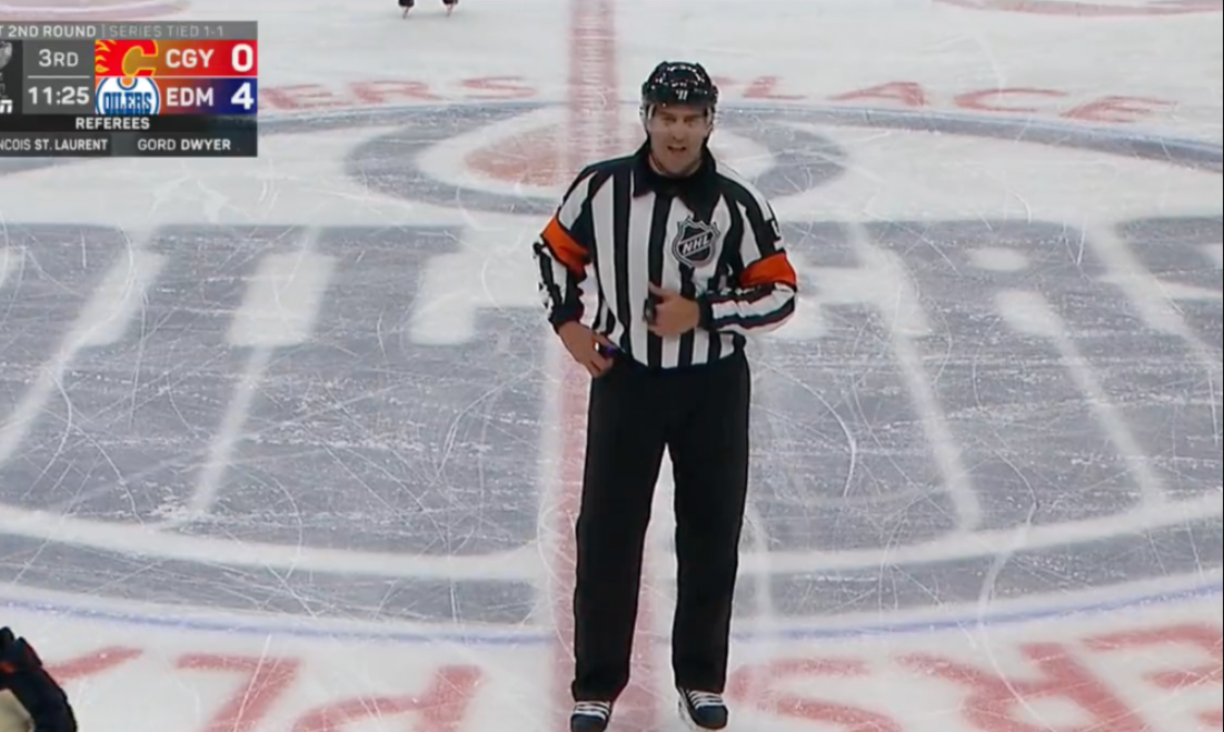 Ref during Game 3 of Flames-Oilers hilariously doled out a penalty to everyone sitting in the boxs