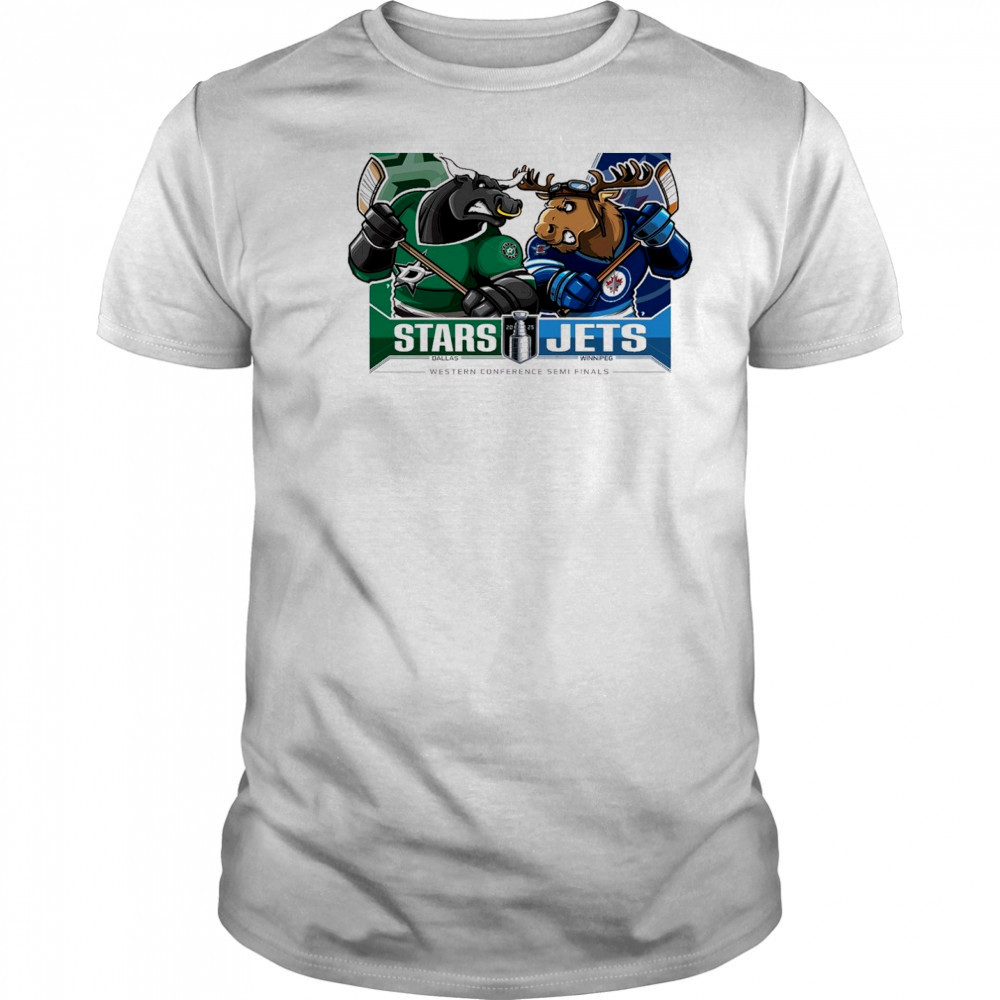 Dallas Stars Vs Winnipeg Jets 2025 2nd Round Matchups Western Conference Semi Finals Mascot t-shirt Dallas Stars Vs Winnipeg Jets 2025 2nd Round Matchups Western Conference Semi Finals Mascot t-shirt