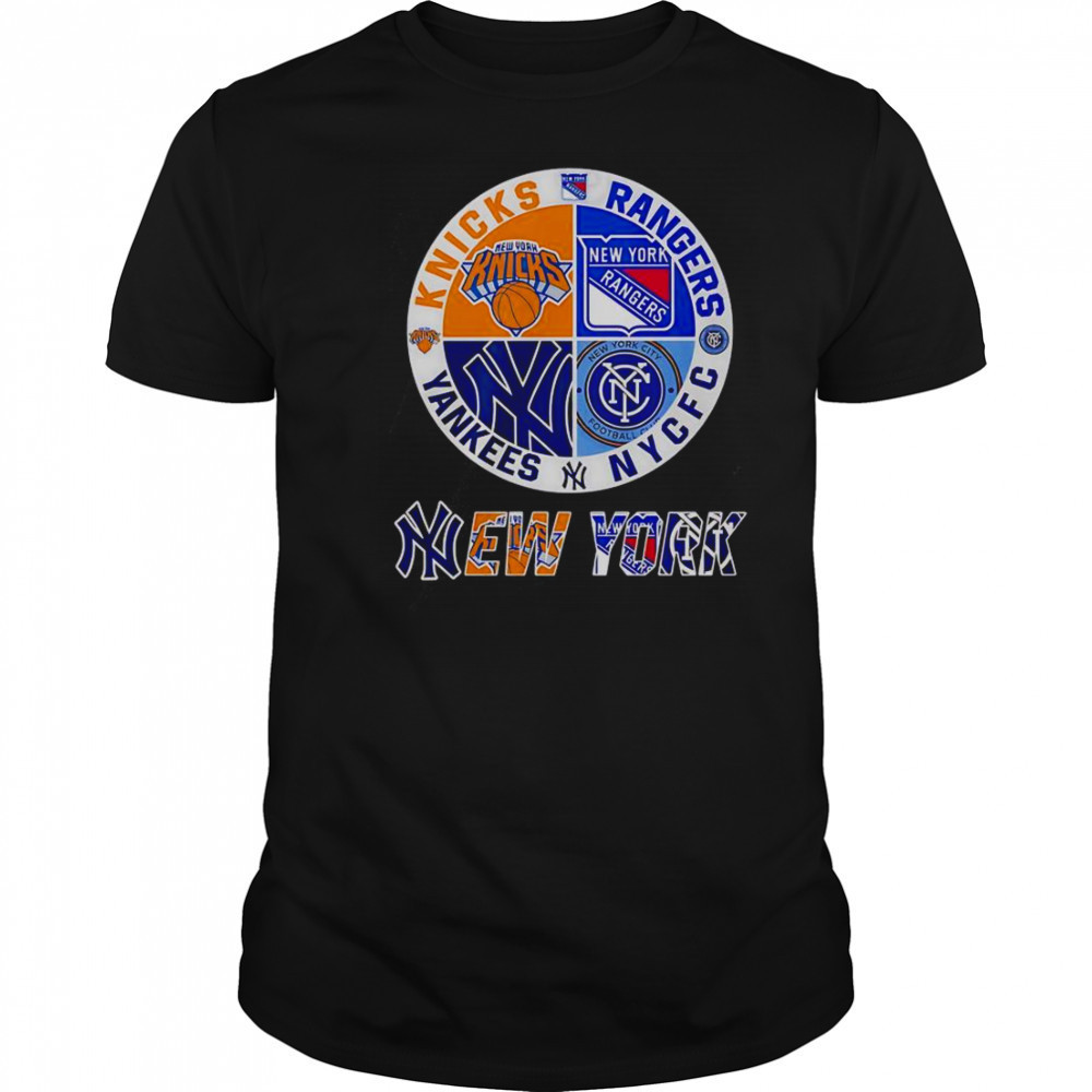 New York Yankees Knicks Rangers NYCFC 4 Teams Sports Circle Logo T-Shirt