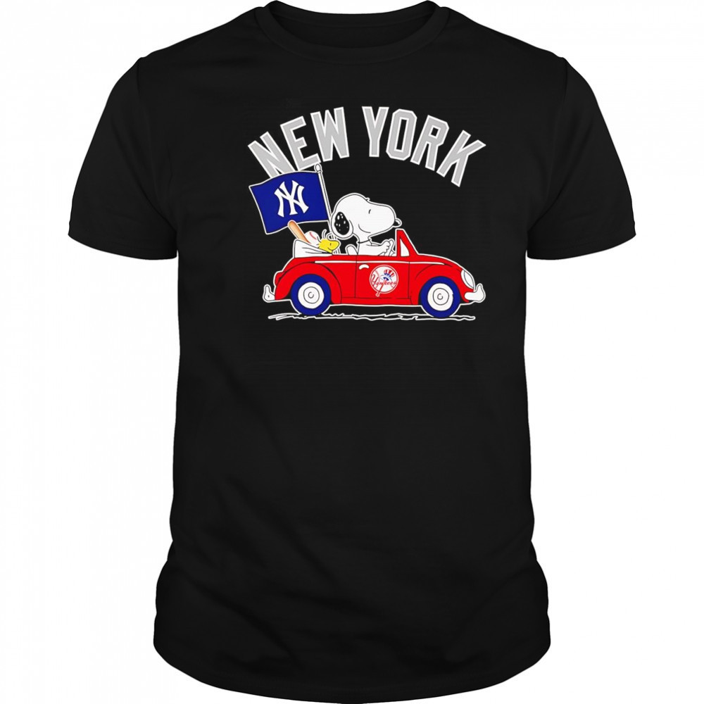 Snoopy and Woodstock driving car New York Yankees shirt