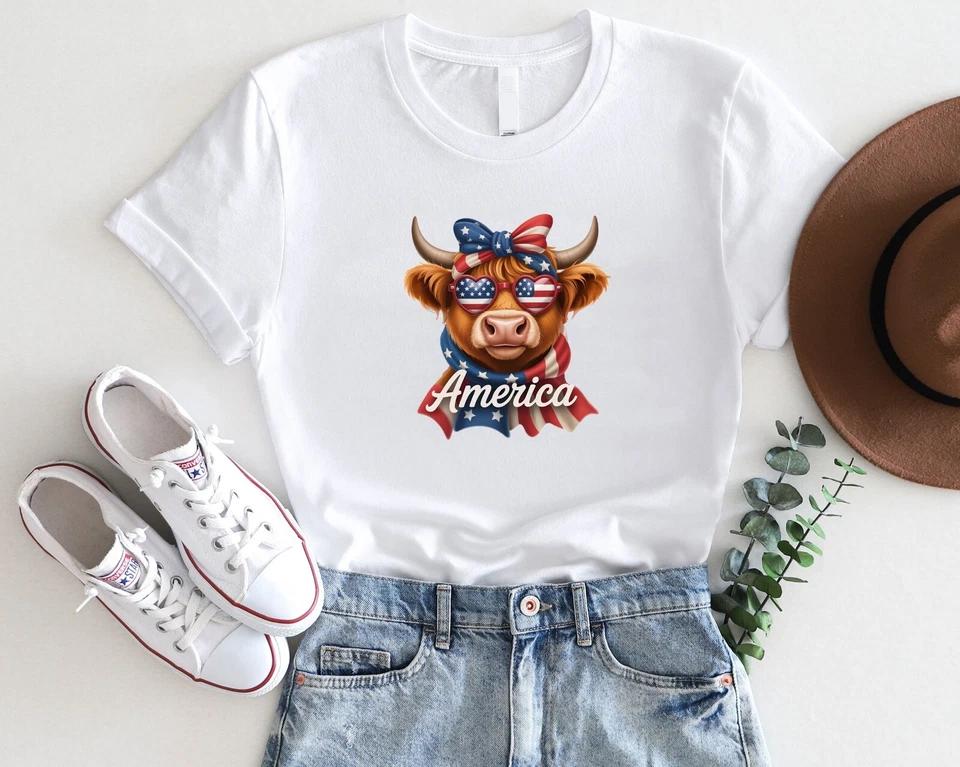 America Highland Cow Shirt – 4th of July Patriotic Cow in Sunglasses
