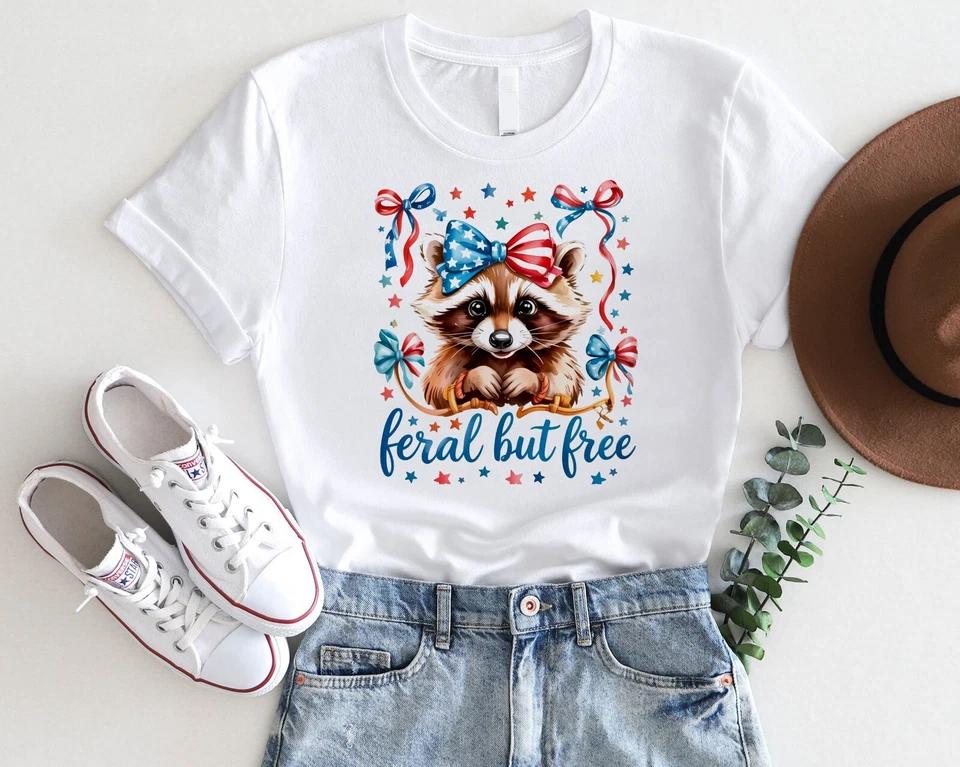 Feral But Free Raccoon T-Shirt – Funny 4th of July USA Animal Tee
