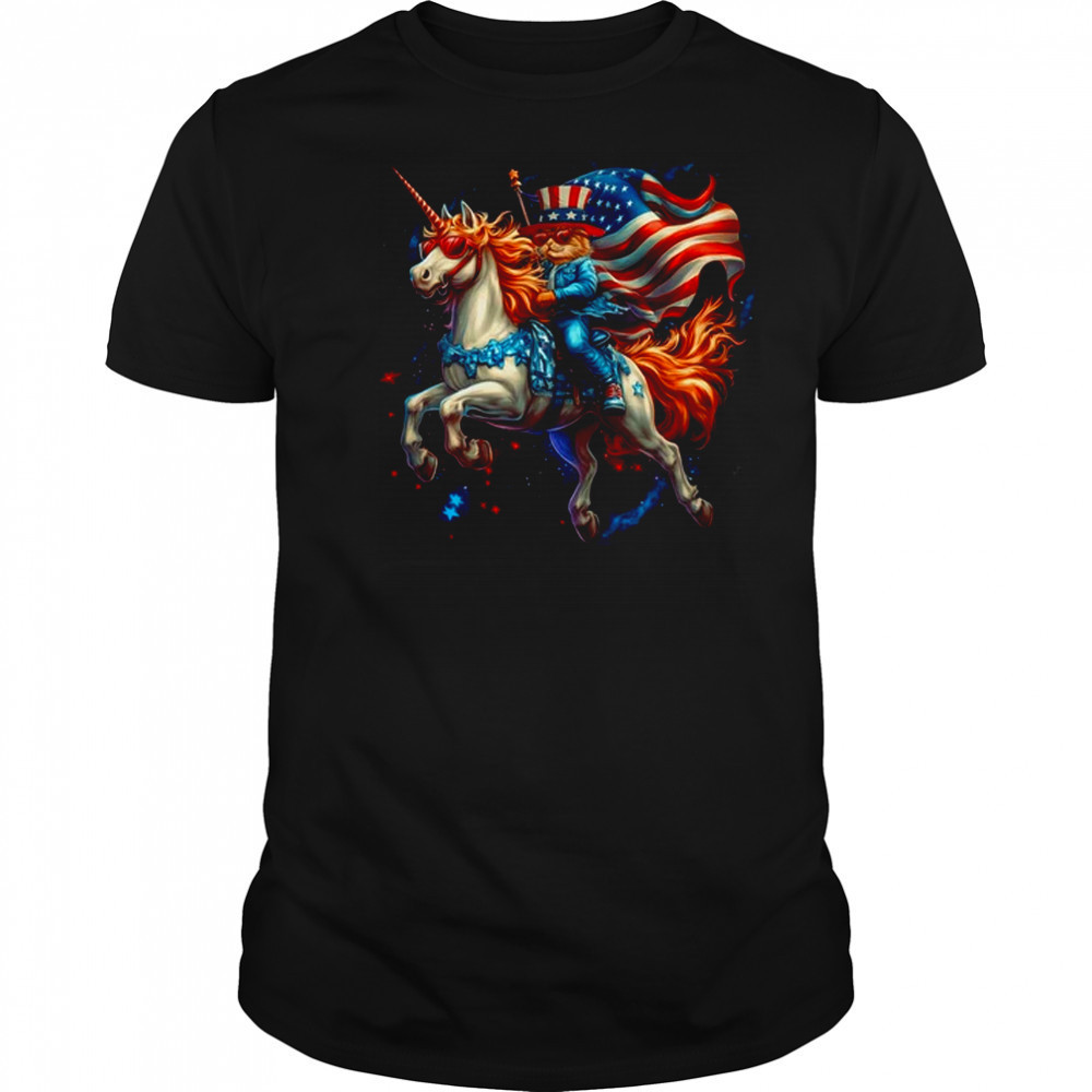 Cat Riding Unicorn USA Flag Patriotic 4th Of July Women Girl shirt