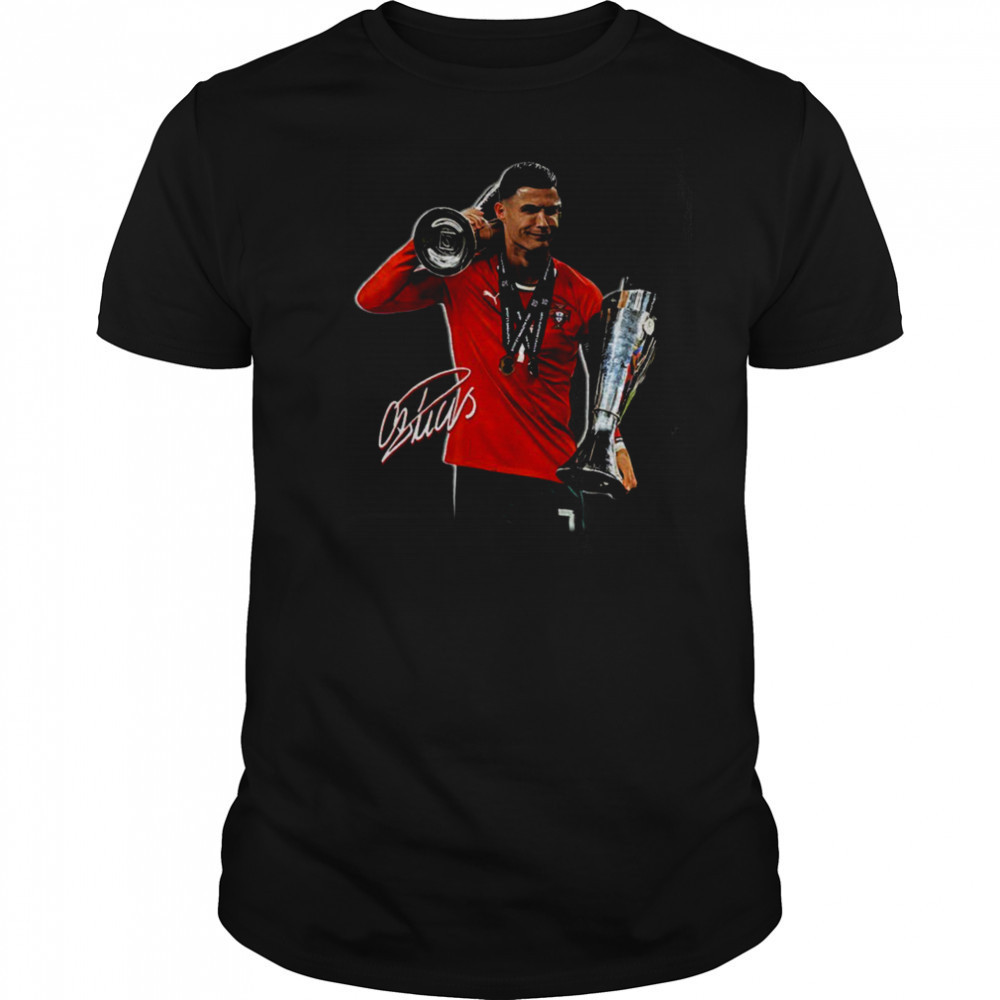 Cristiano Ronaldo holding Trophy UEFA Nations League 2025 signature shirt