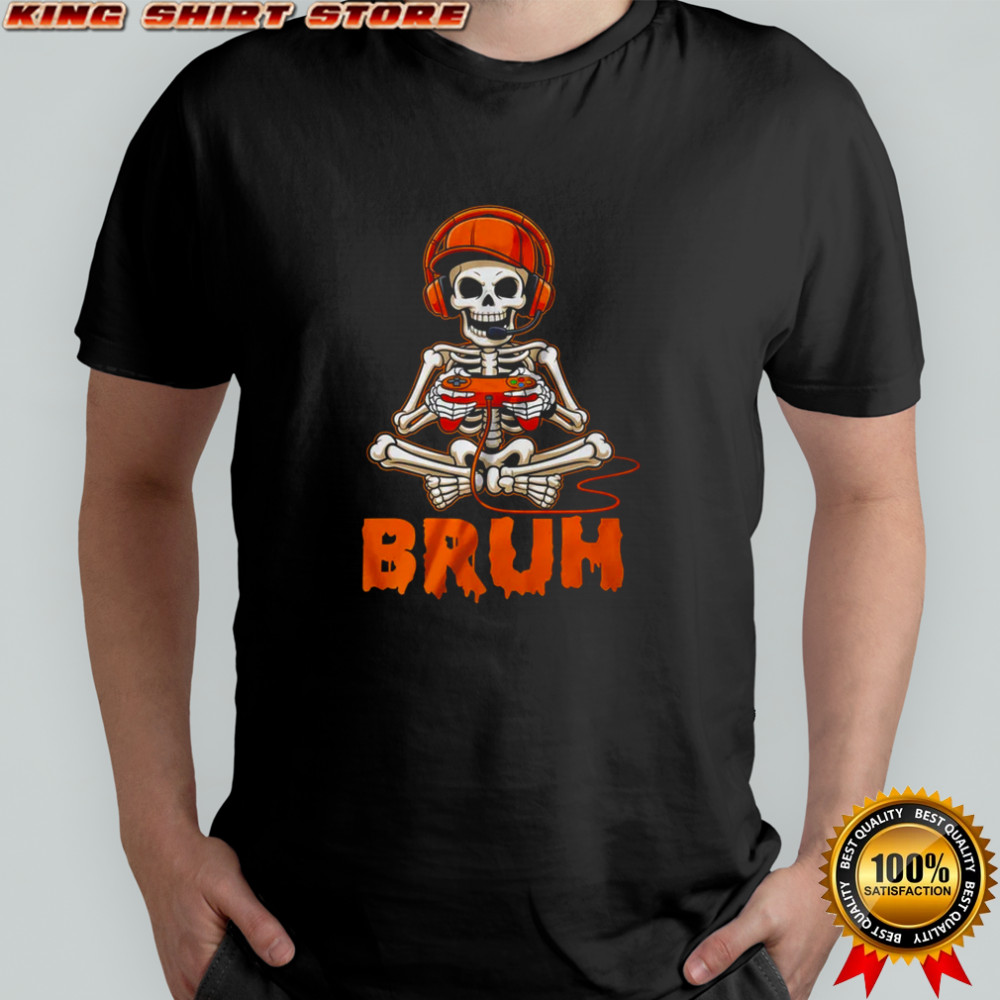 Bruh Halloween Boys Kids Gamer Mens Skeleton Video Gaming shirt