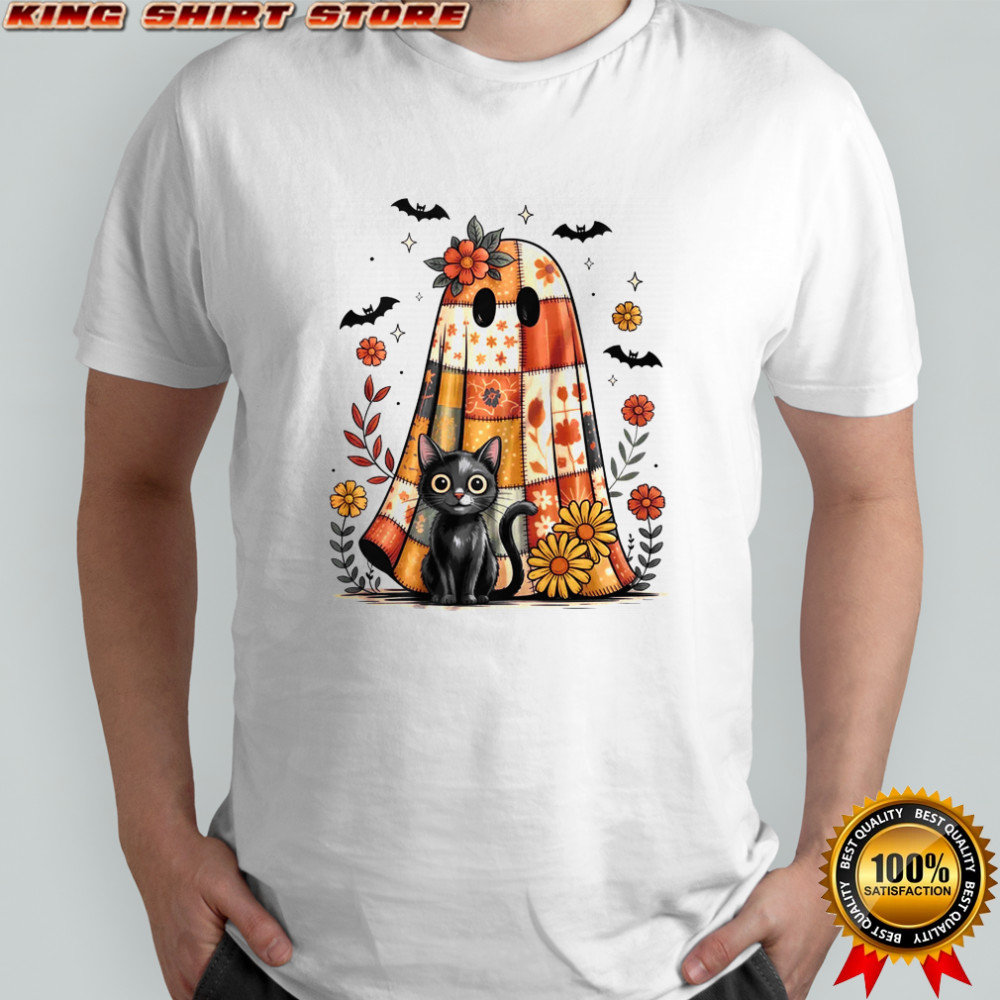 Patchwork Halloween Ghost And Cat Png Retro Spooky Floral shirt