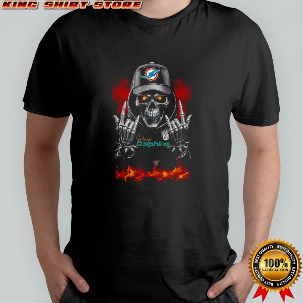 Skeleton with sign of the horns Miami Dolphins shirt