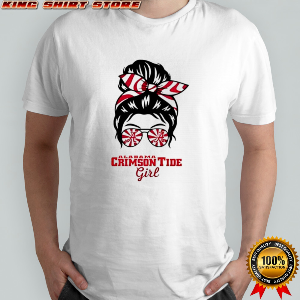Alabama Crimson Tide girl messy bun glasses shirt