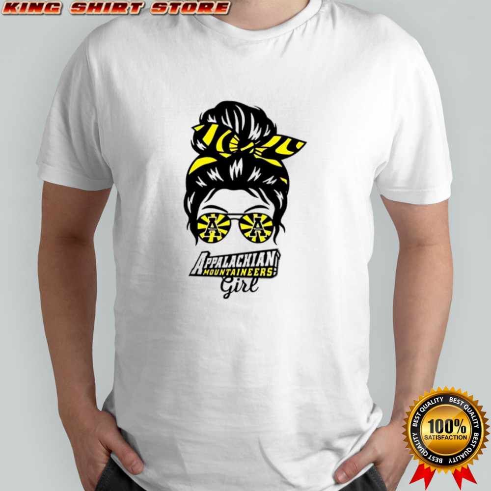 Appalachian State Mountaineers girl messy bun glasses shirt