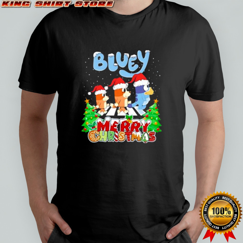 Bluey Merry Christmas Cartoon Dog Family and Santa Hats shirt