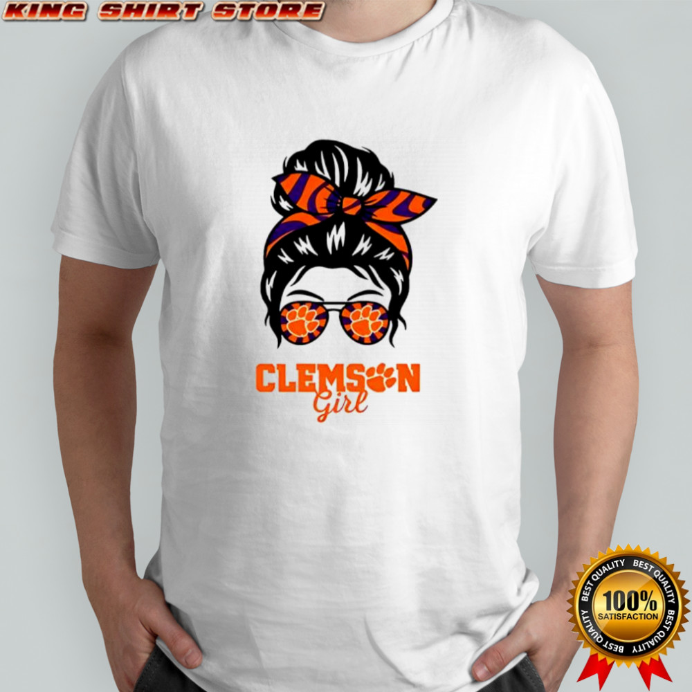 Clemson Tigers girl messy bun glasses shirt