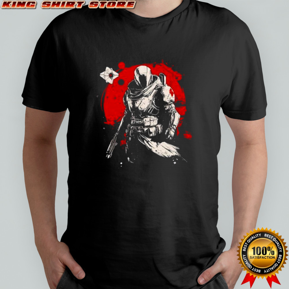 Dark armored soldier with ghost drone red circle grunge warrior shirt