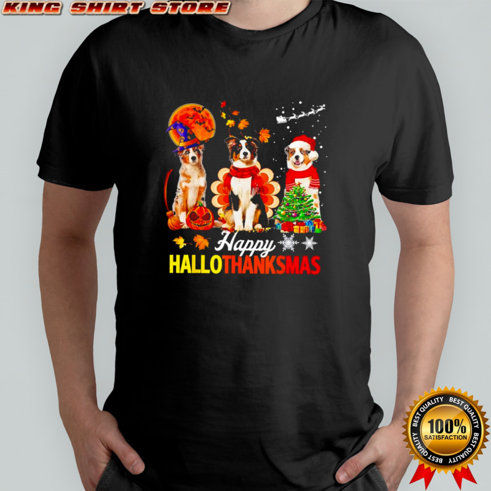 Happy Hallothanksmas Halloween Thanksgiving Christmas with Australian Shepherd dogs shirt
