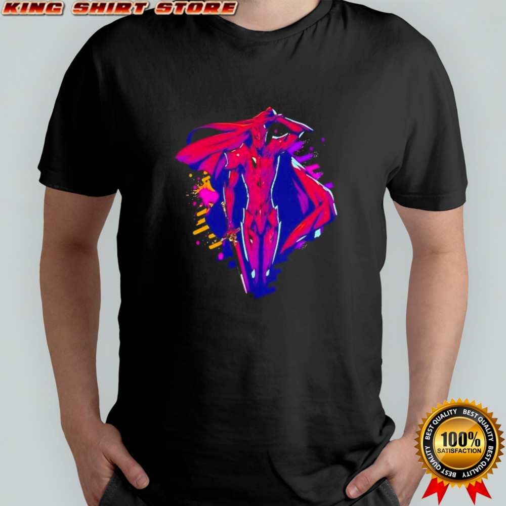 Neon red knight with sword and cape futuristic cyberpunk warrior graphic shirt