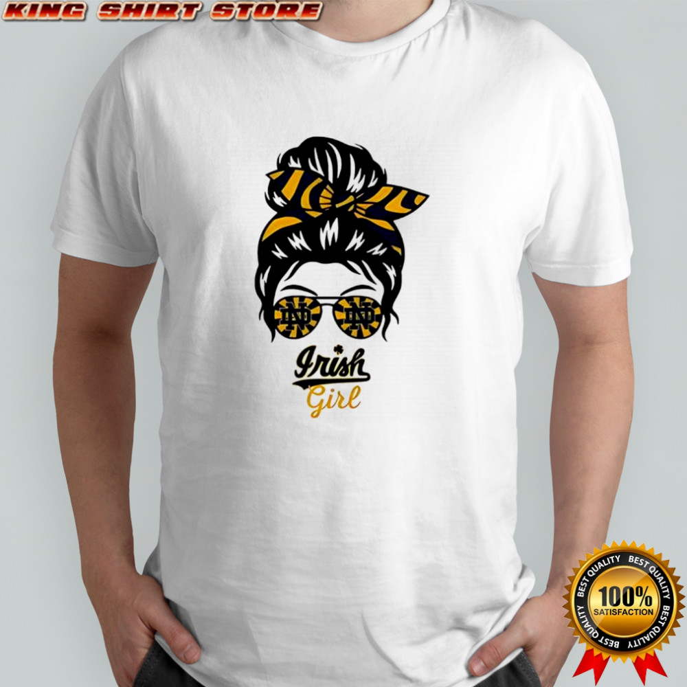 Notre Dame Fighting Irish girl messy bun glasses shirt