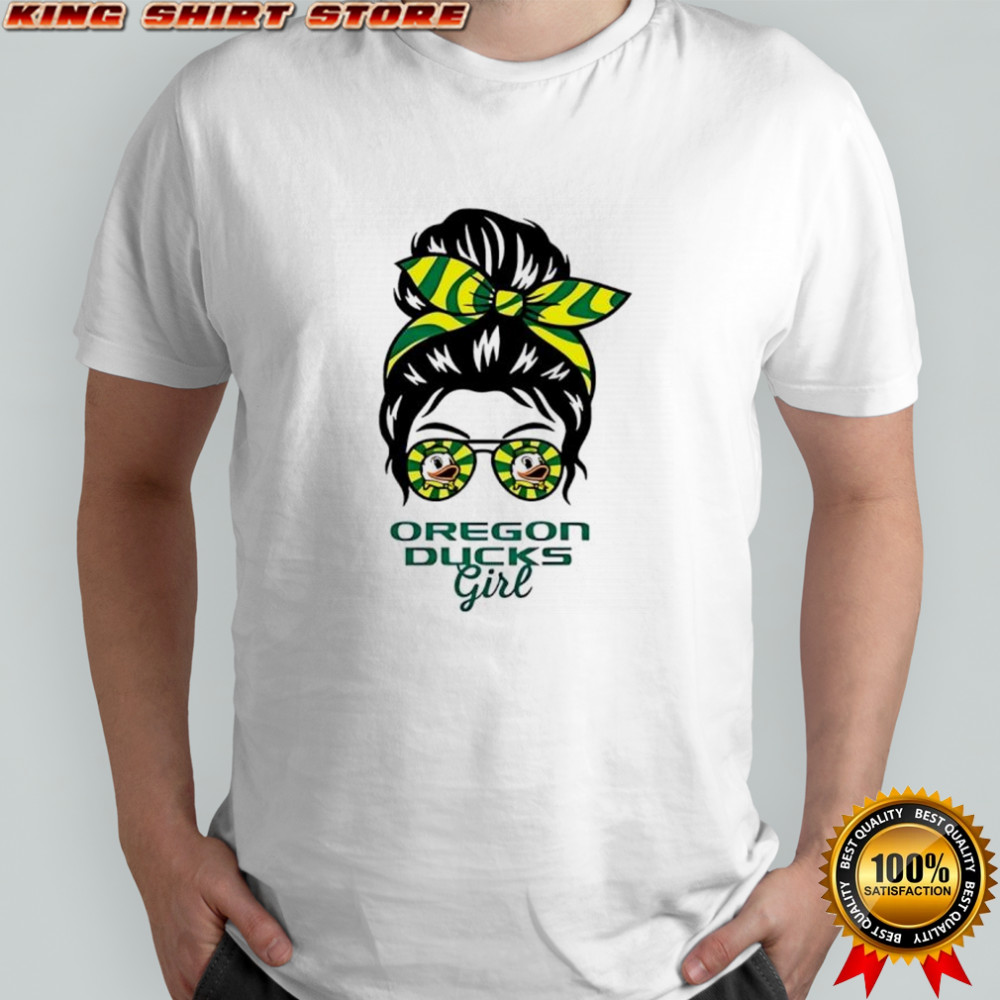 Oregon Ducks girl messy bun glasses shirt
