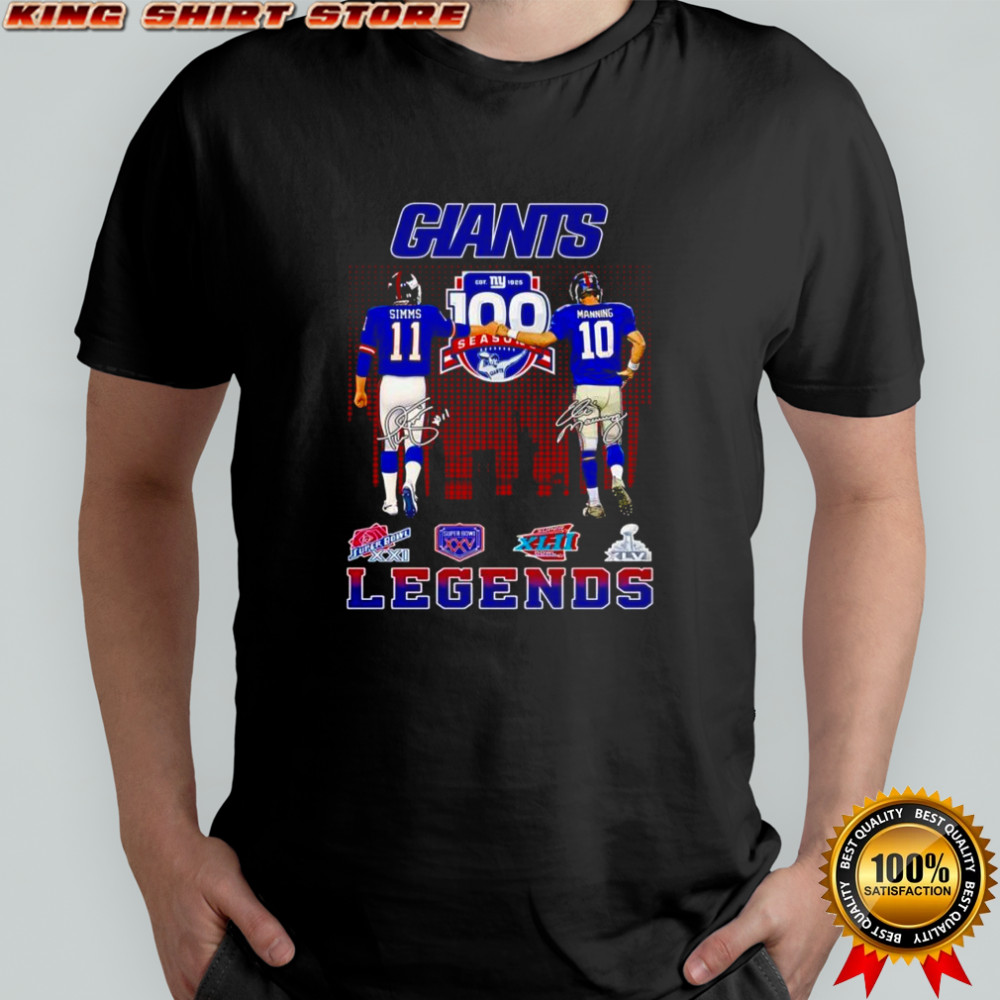 Phil Simms and Eli Manning New York Giants Legends signature shirt Phil Simms and Eli Manning New York Giants Legends signature shirt