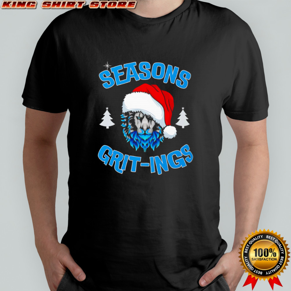 Seasons Grit-ings blue fur lion wearing Santa hat Christmas trees shirt