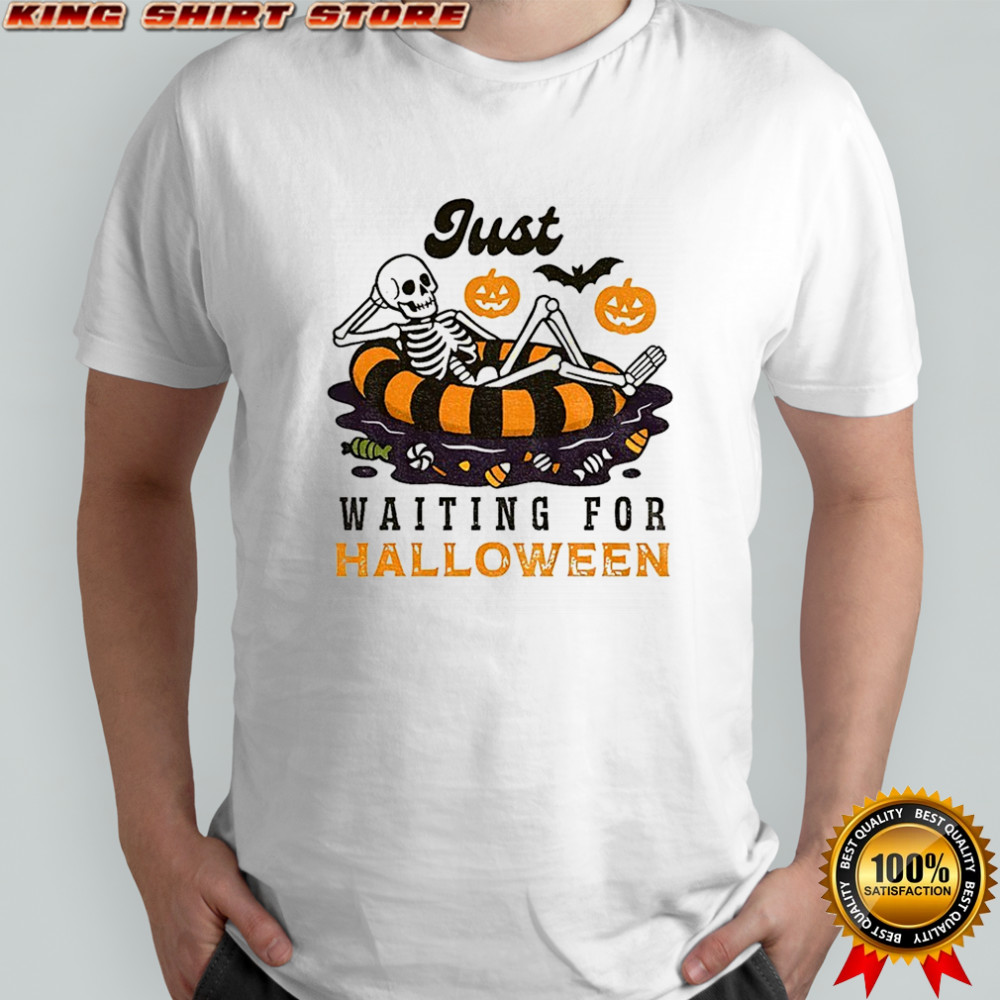 Skeleton summer beach just waiting for Happy Halloween 2025 shirt
