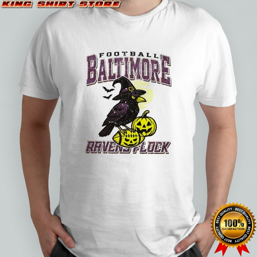 Spooky crow witch pumpkin football Baltimore Ravens Flock shirt
