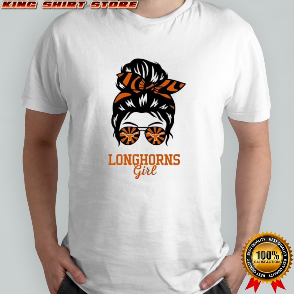 Texas Longhorns girl messy bun glasses shirt