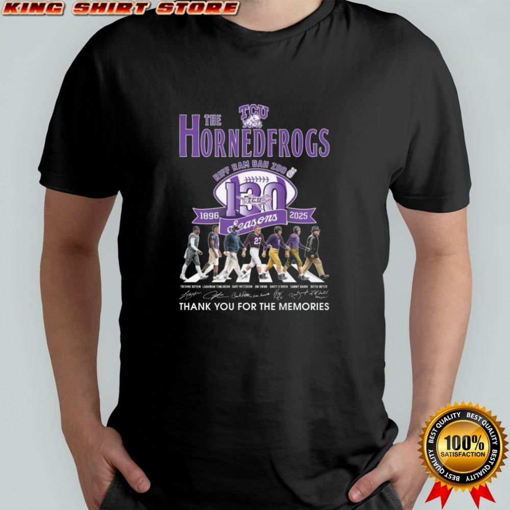 The TCU Horned Frogs Riff Ram Bah Zoo 130 Seasons 1896-2025 Signatures Thank You For The Memories Walking Shirt