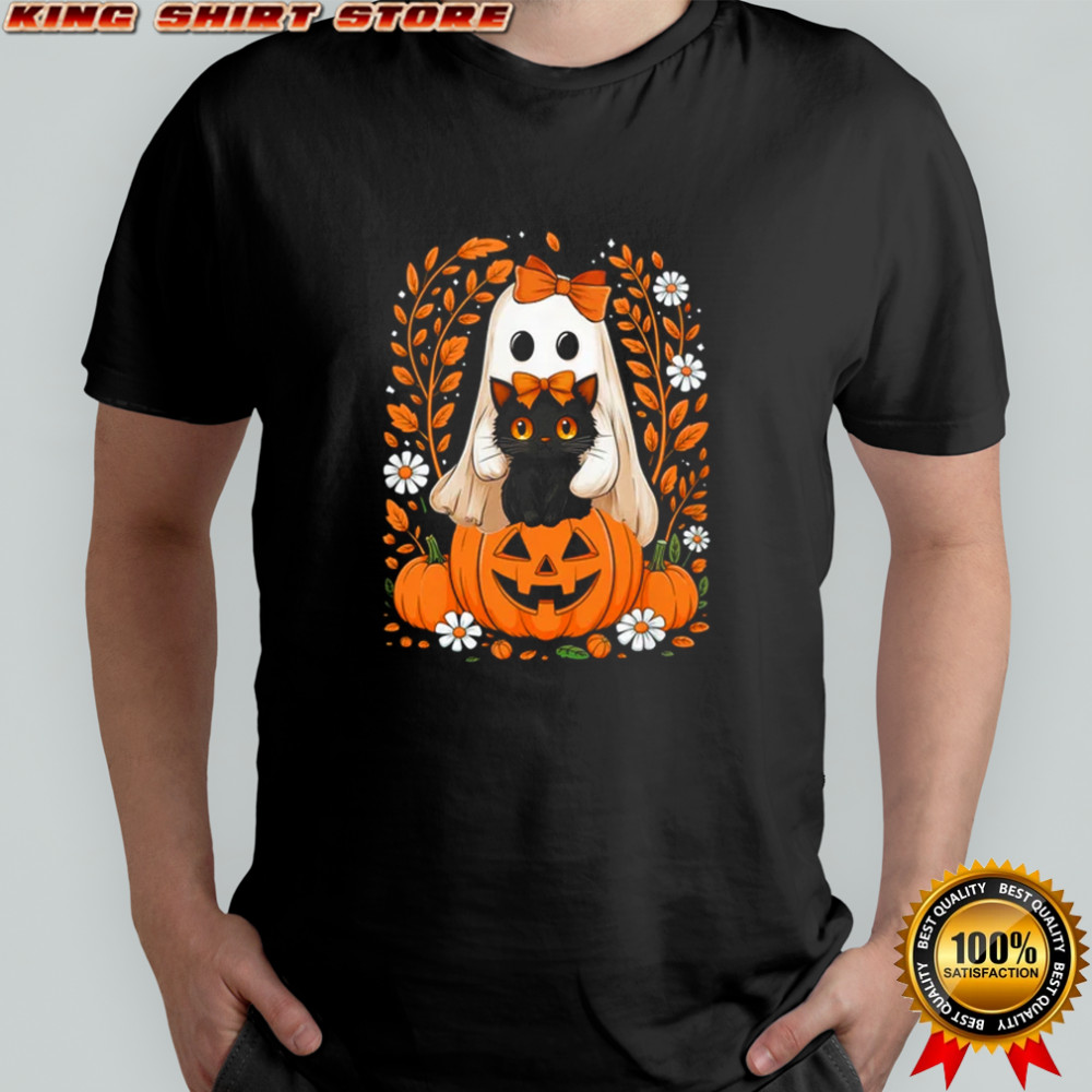 Vintage Halloween Ghost Holding Black Cat Groovy Floral shirt Vintage Halloween Ghost Holding Black Cat Groovy Floral shirt