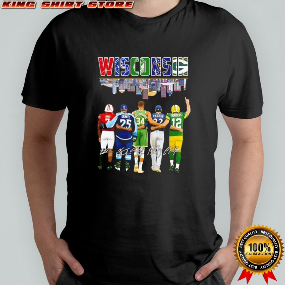 Wisconsin Dilin Jones Noah Gravel Giannis Antetokounmpo Christian Yelich Aaron Rodgers Signatures Shirt