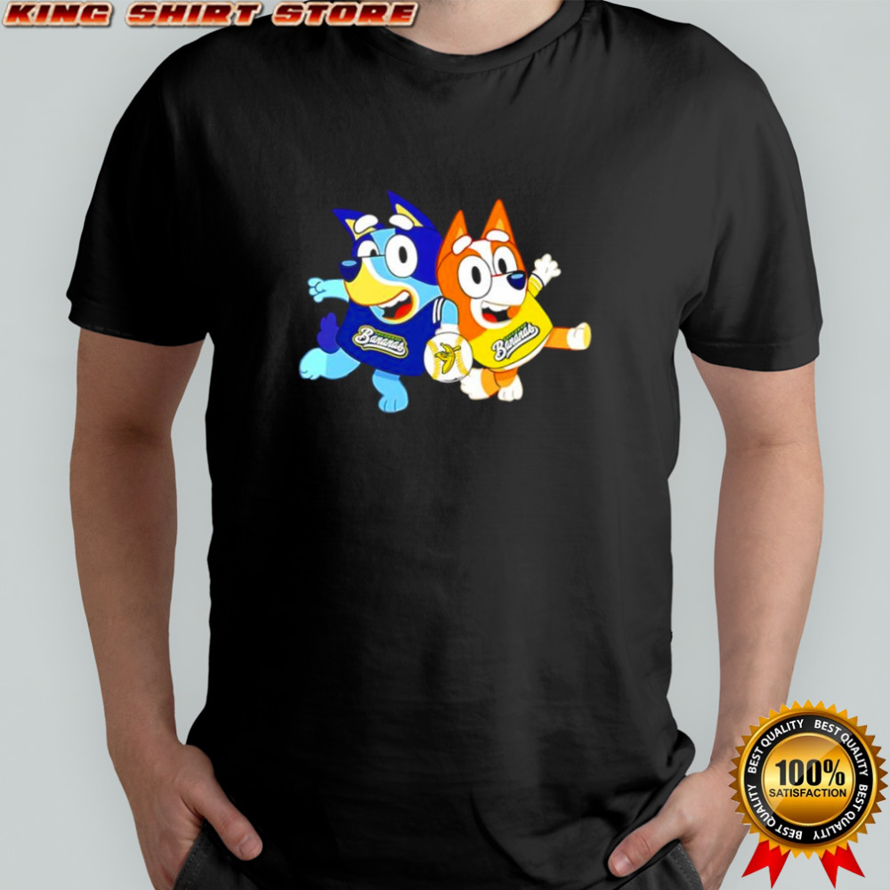 Bluey and Bingo wearing Savannah Bananas logo shirt