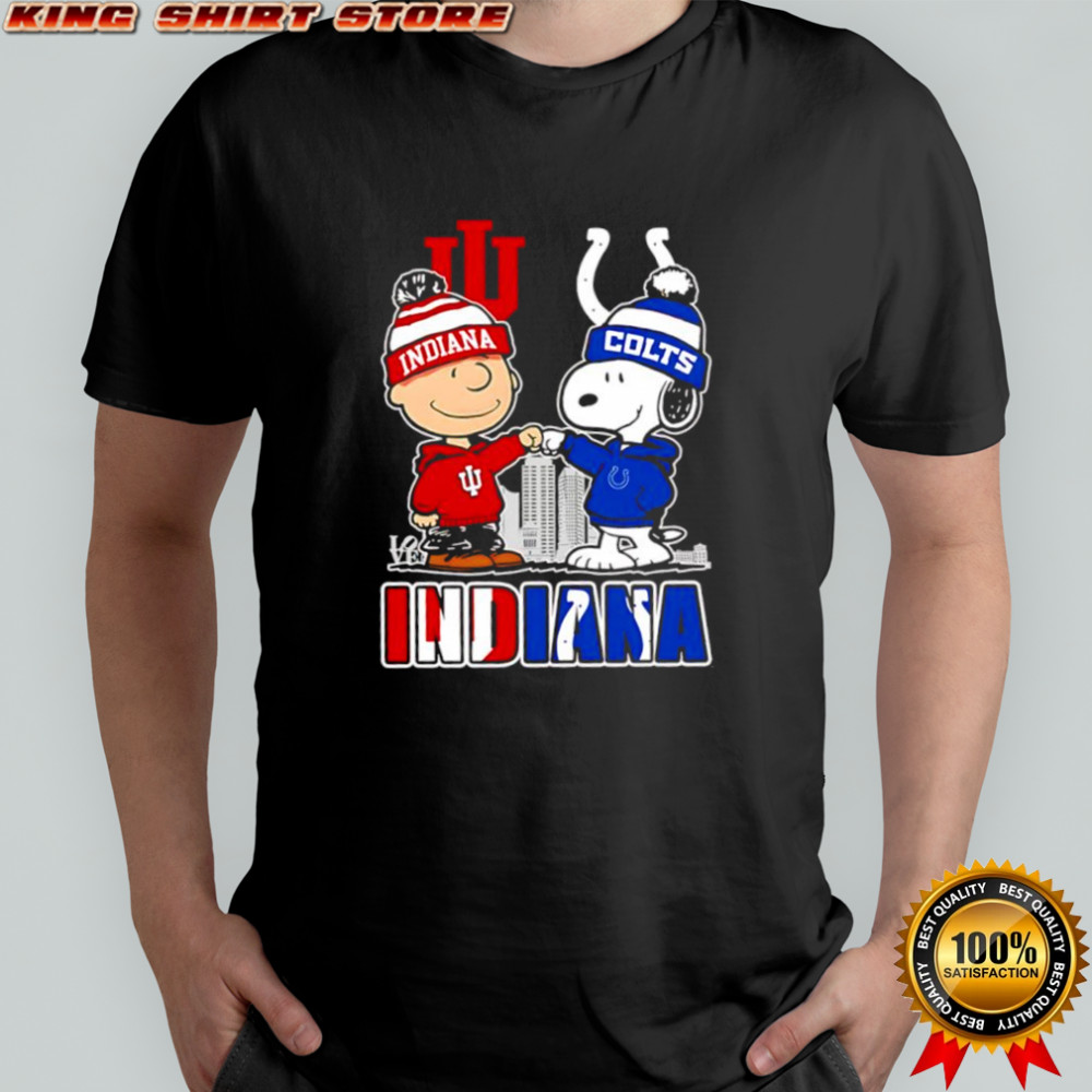 Charlie Brown and Snoopy wearing Indiana Hoosiers and Indianapolis Colts logo shirt