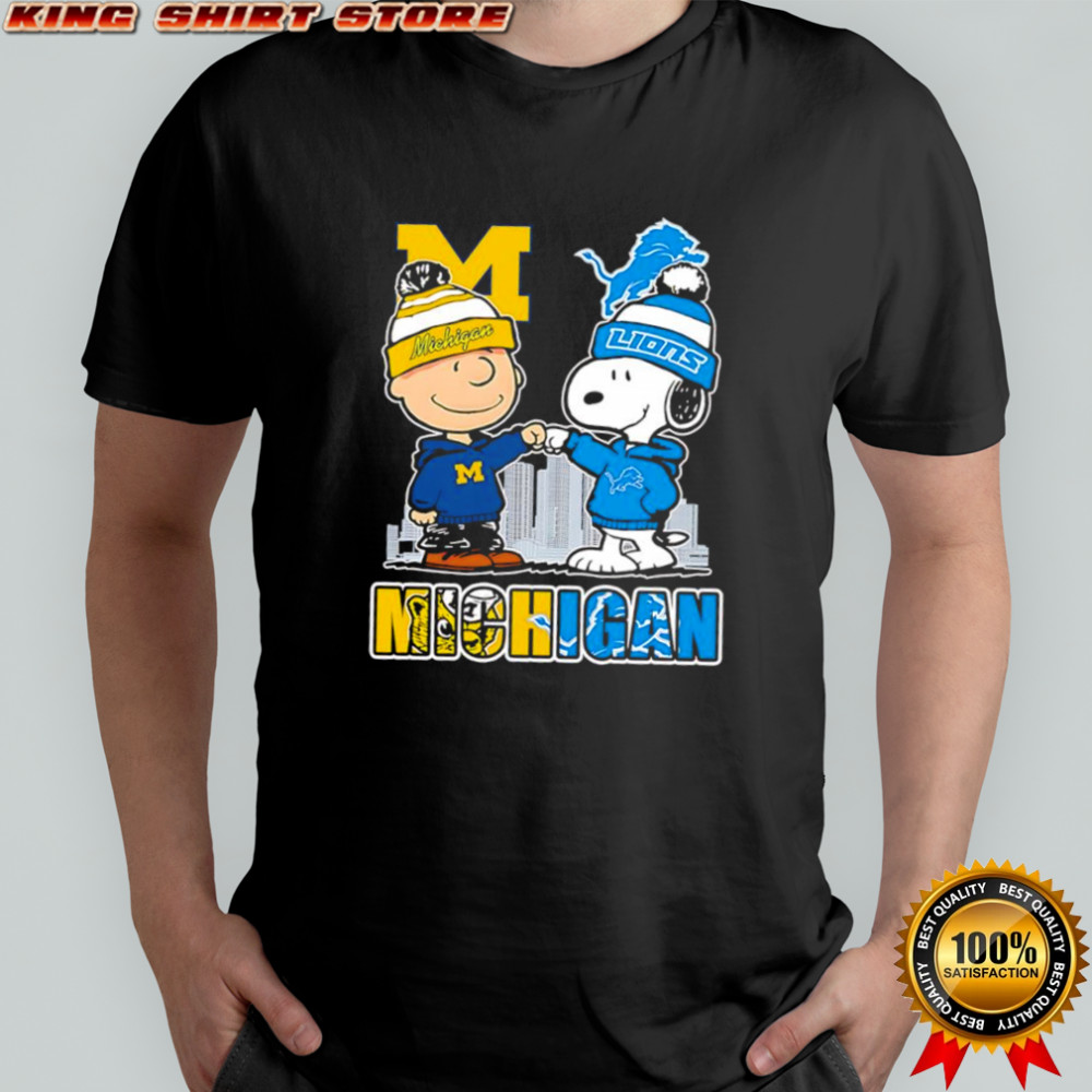Charlie Brown and Snoopy wearing Michigan Wolverines and Detroit Lions logo shirt