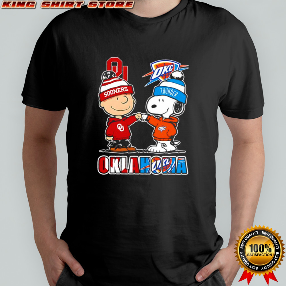 Charlie Brown and Snoopy wearing Oklahoma Sooners and Oklahoma City Thunder logo shirt