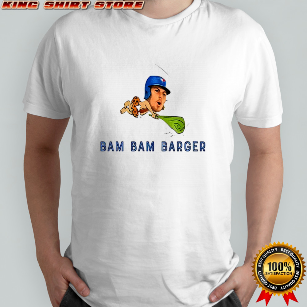 Davis Schneider wearing a Bam Bam Barger MLB shirt