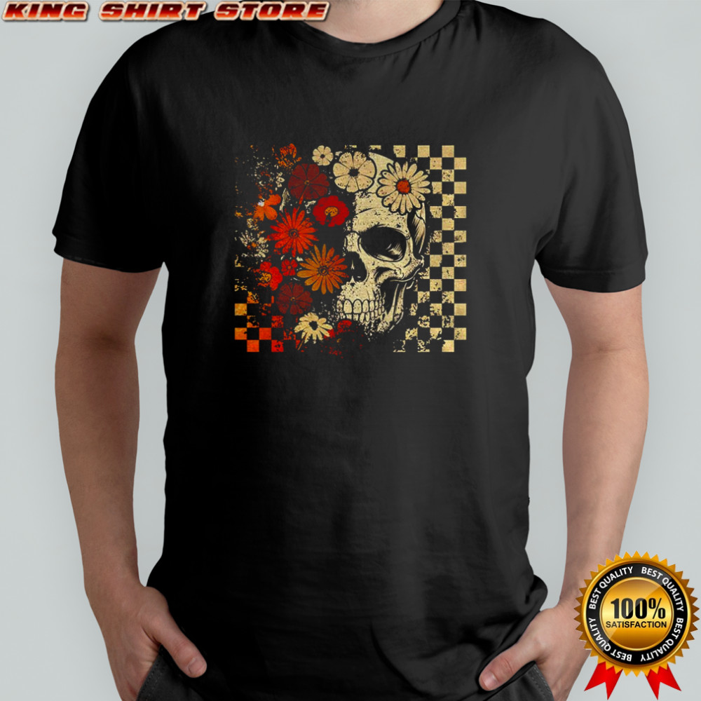 Funny skull checkered skeleton floral spooky season Halloween shirt Funny skull checkered skeleton floral spooky season Halloween shirt