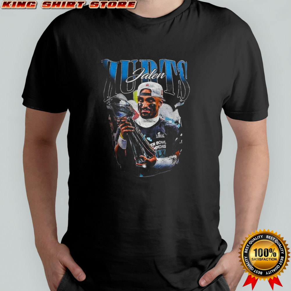Jalen Hurts holding Trophy Super Bowl Champions 2025 shirt