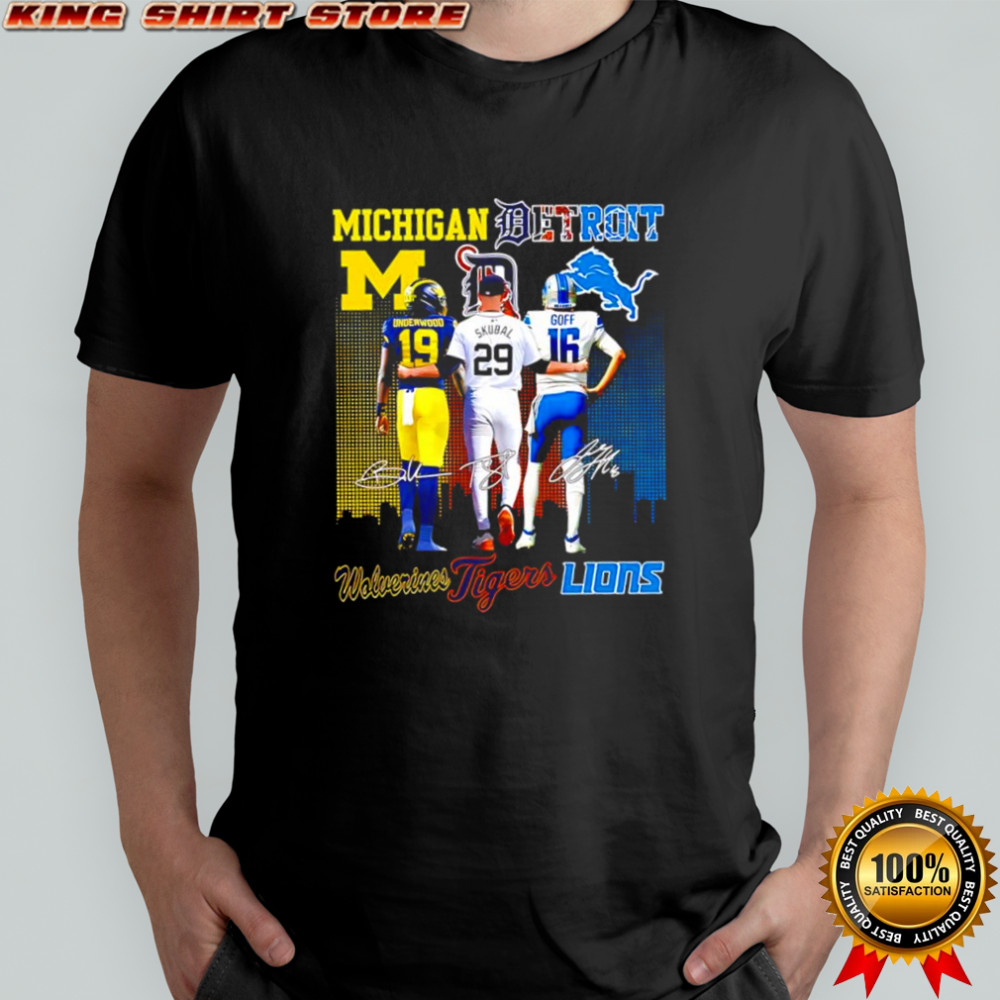 Jared Goff Detroit Lions x Tarik Skubal Detroit Tigers x Roman Wilson Michigan Wolverines signatures shirt