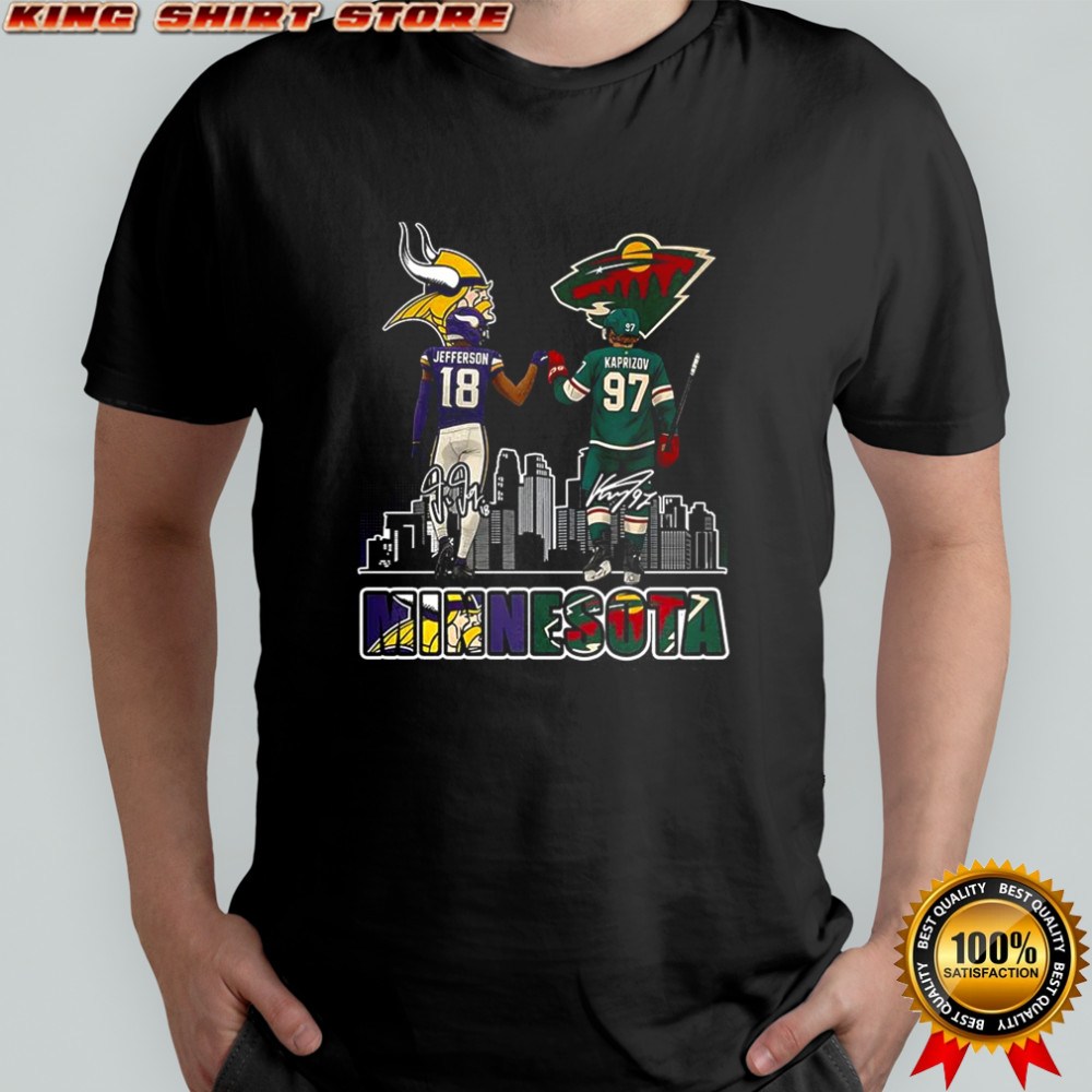 Justin Jefferson Minnesota Vikings touch hand Kirill Kaprizov Minnesota Wild shirt