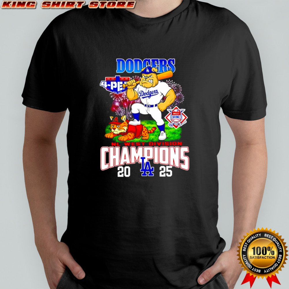 Los Angeles Dodgers 2025 NL West Division Champions mascots bulldog and a cat shirt Los Angeles Dodgers 2025 NL West Division Champions mascots bulldog and a cat shirt