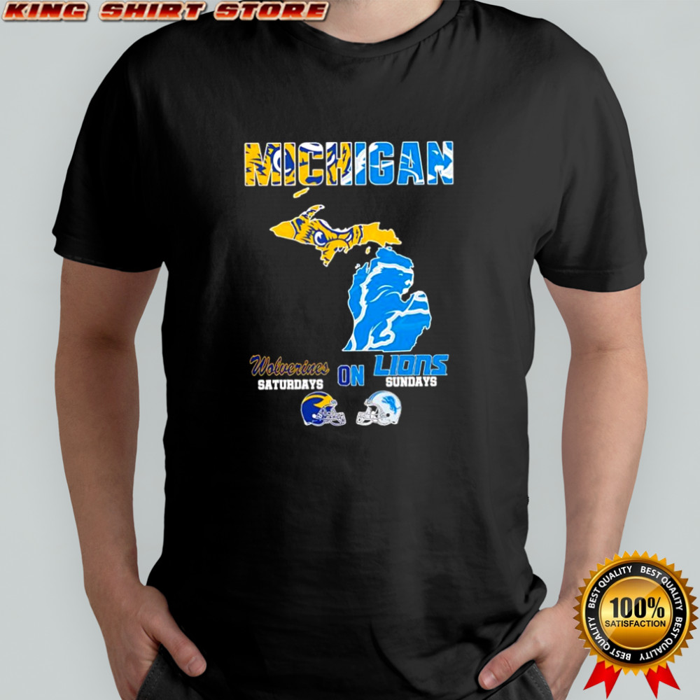 Michigan sports Michigan Wolverines on Saturdays x Detroit Lions on Sundays state of mascot shirt Michigan sports Michigan Wolverines on Saturdays x Detroit Lions on Sundays state of mascot shirt