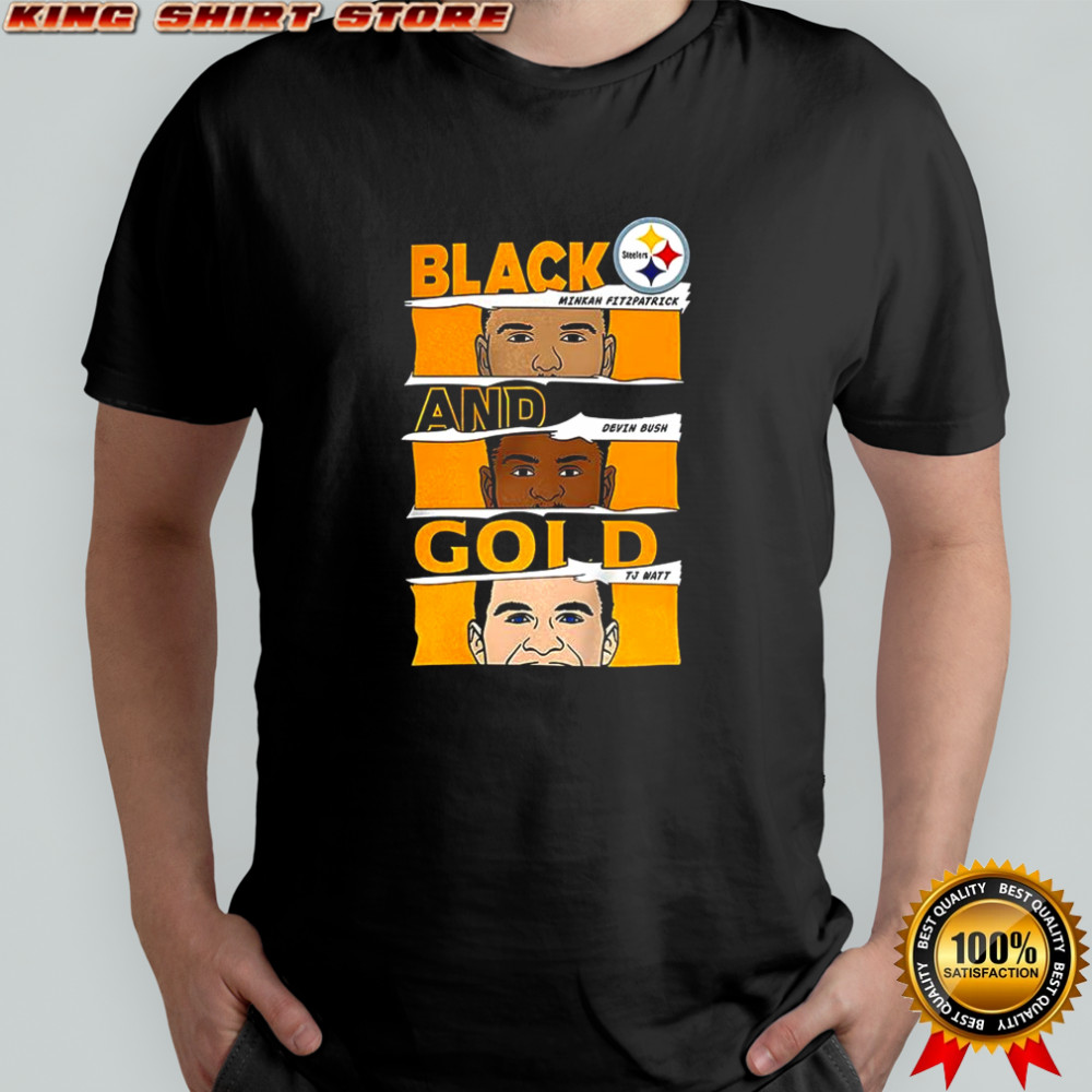 Minkah Fitzpatrick Devin Bush and TJ Watt Pittsburgh Steelers football Black and Gold shirt Minkah Fitzpatrick Devin Bush and TJ Watt Pittsburgh Steelers football Black and Gold shirt