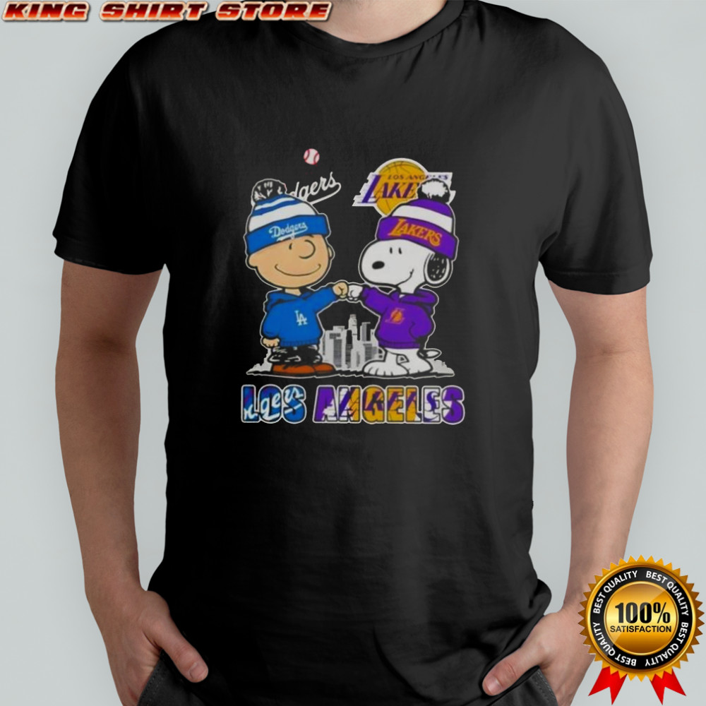 Snoopy And Charlie Brown Los Angeles Sports Dodgers X Lakers Skyline T-Shirt
