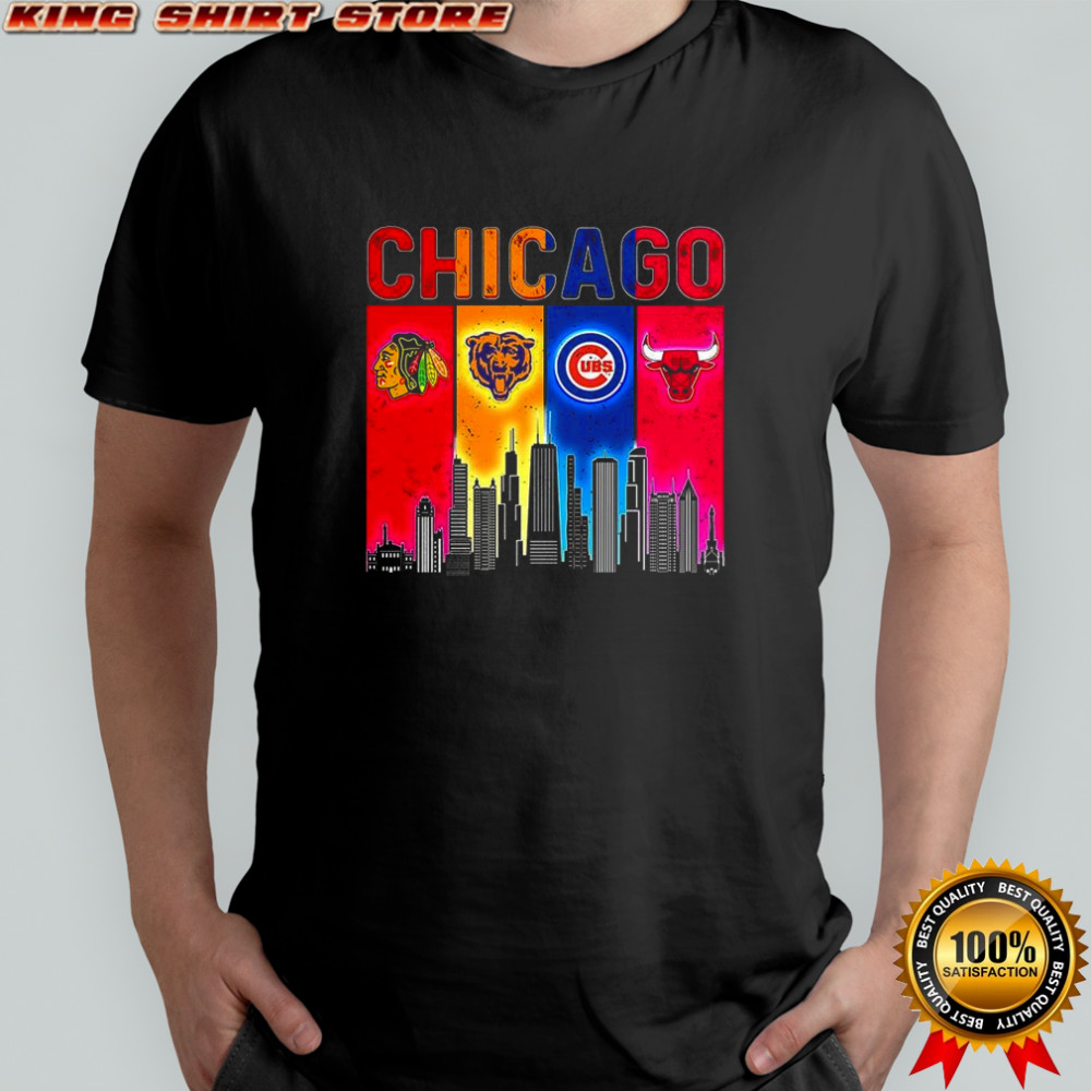 Chicago sports teams Blackhawks Bears Cubs Bulls skyline shirt