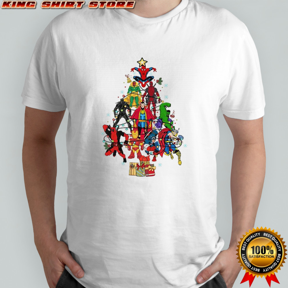 Christmas tree made up of Marvel Comics superheroes shirt