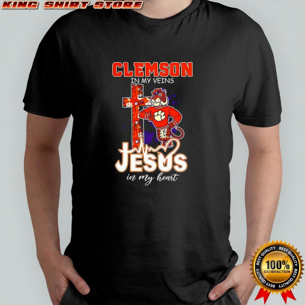 Clemson Tigers football in my veins and Jesus in my heart Christian mascot shirt