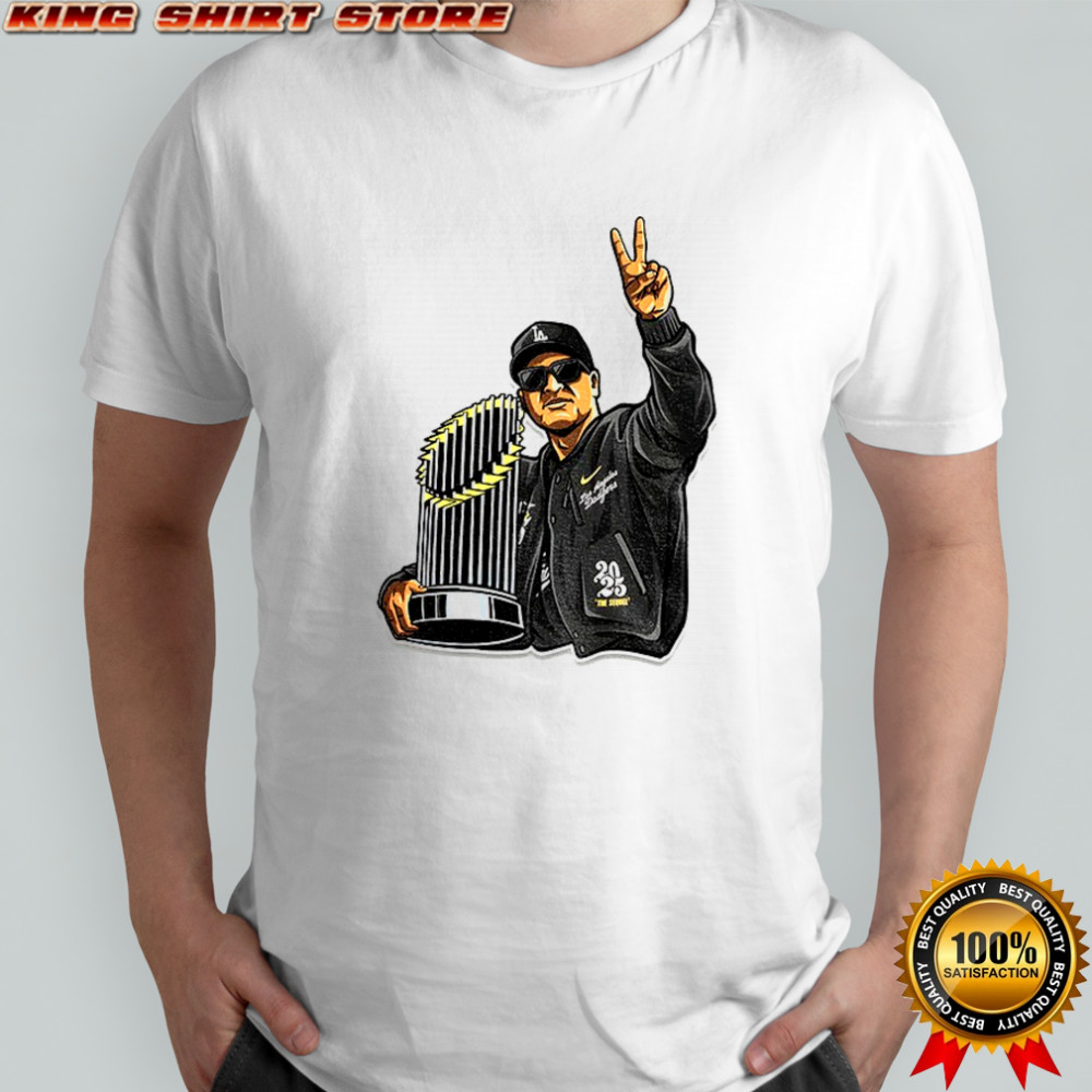 Dave Roberts holding world series trophy Fingers Up shirt