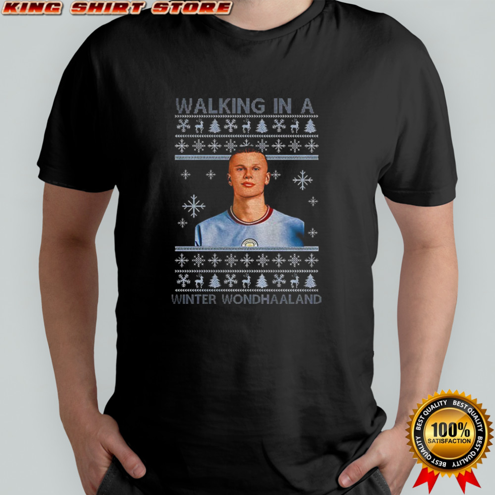 Erling Haaland Manchester City FC walking in a winter wondhaaland Christmas shirt