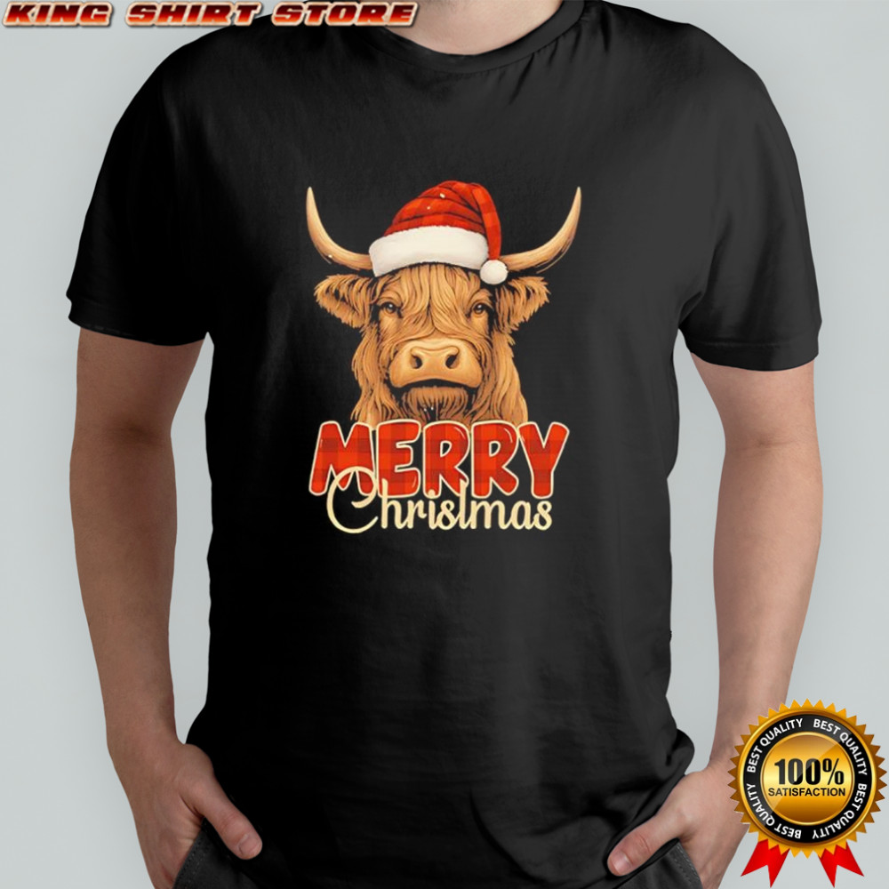 Highland Cow Santa hat Merry Christmas shirt