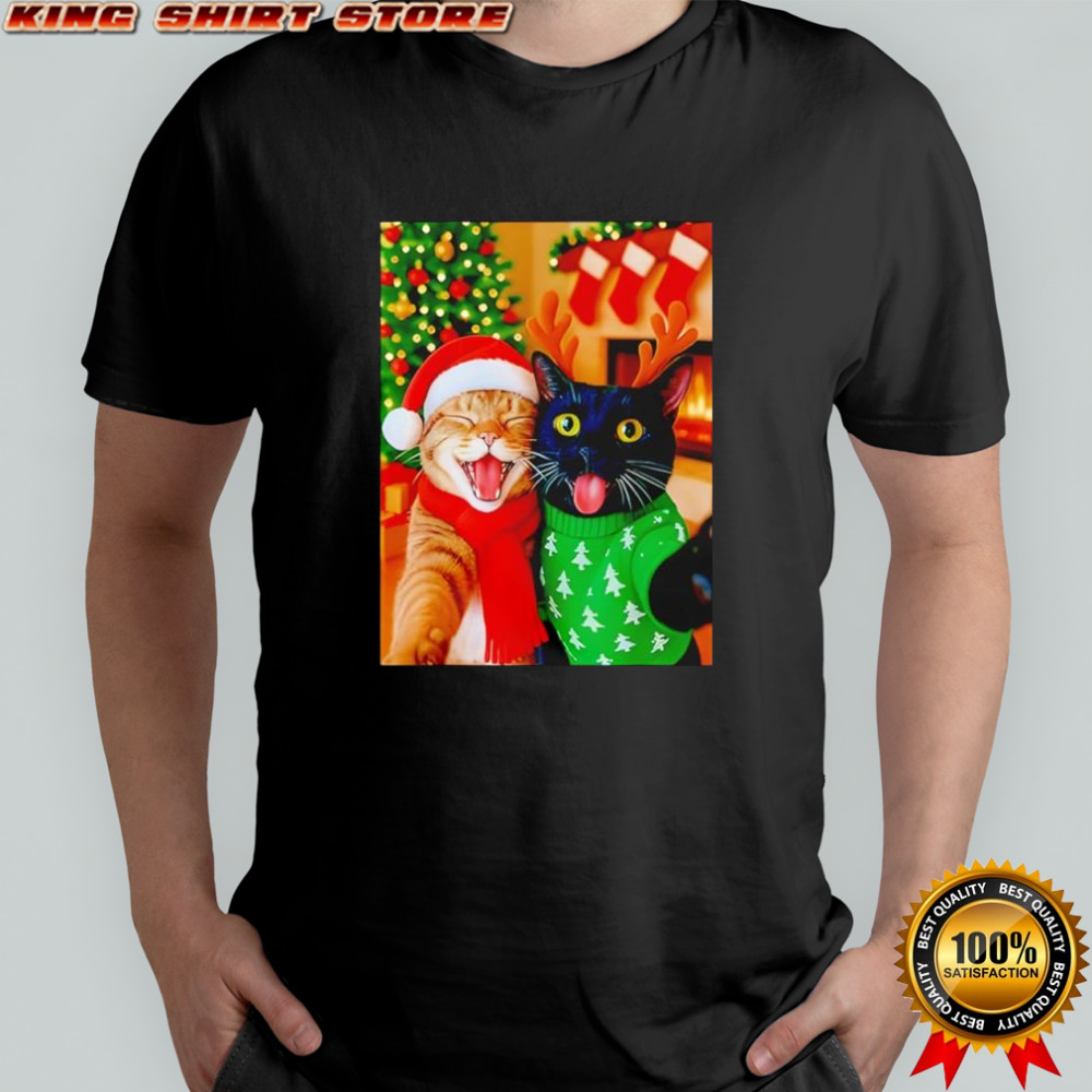 Meme Cat Taking A Selfie Christmas Xmas Lights Holiday shirt