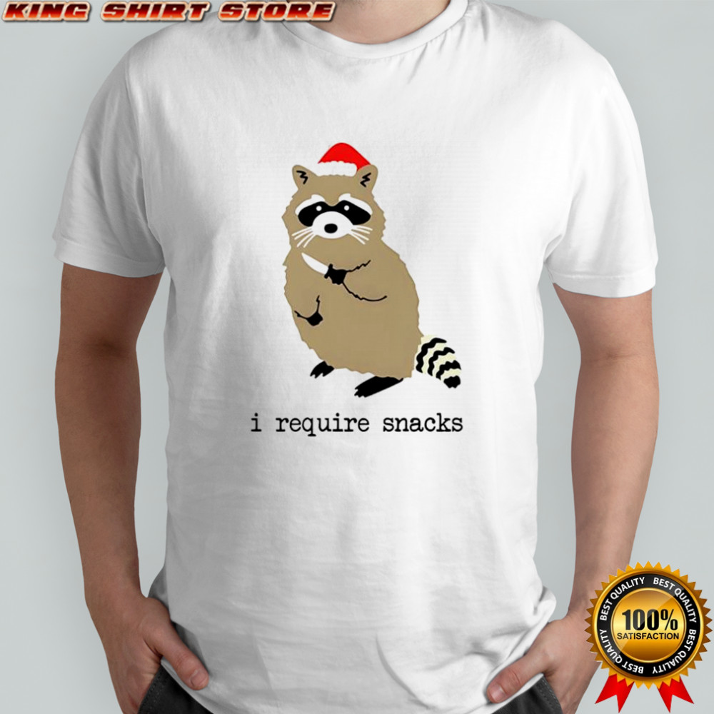 Raccoon Santa hat I Require Snacks shirt