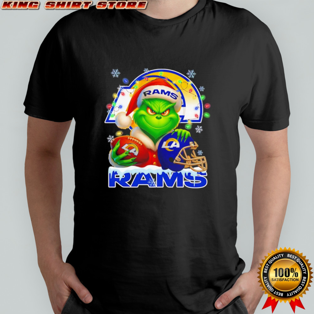 Santa Christmas Grinch Los Angeles Rams holding helmet football shirt